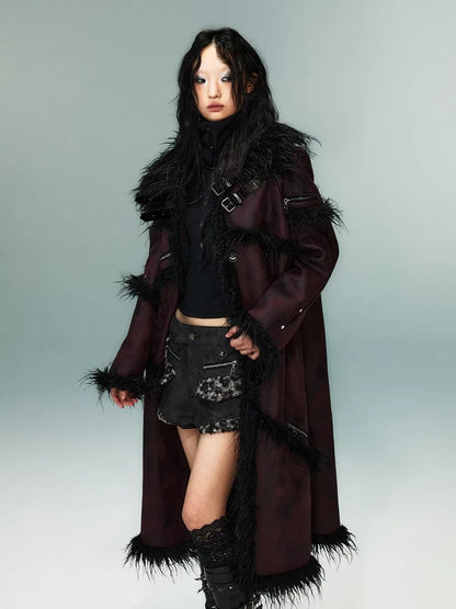 Frustration Garden Punk Rock Long Suede Eco Fur Trim Coat