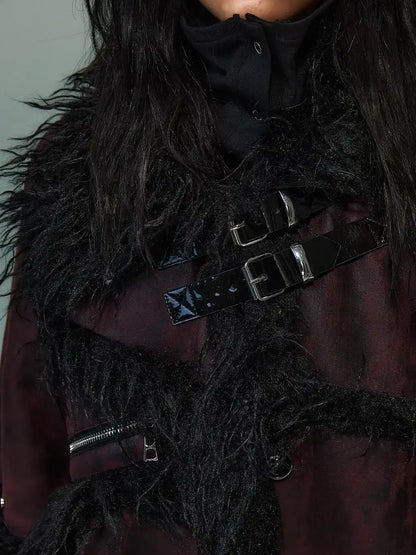 Frustration Garden Punk Rock Long Suede Eco Fur Trim Coat