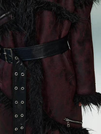 Frustration Garden Punk Rock Long Suede Eco Fur Trim Coat