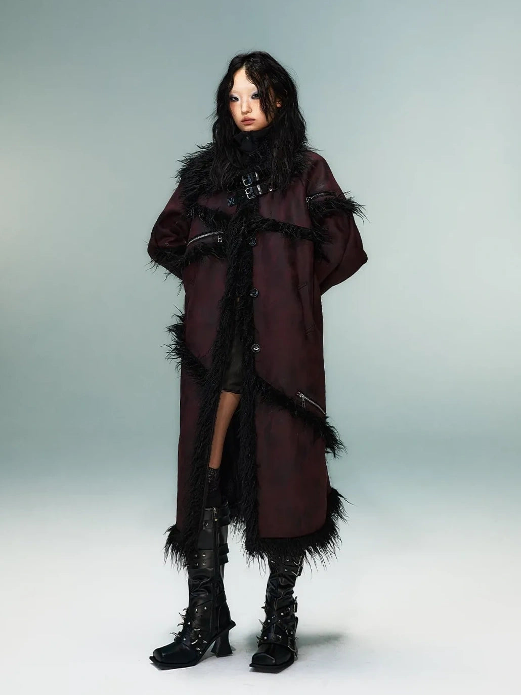 Frustration Garden Punk Rock Long Suede Eco Fur Trim Coat