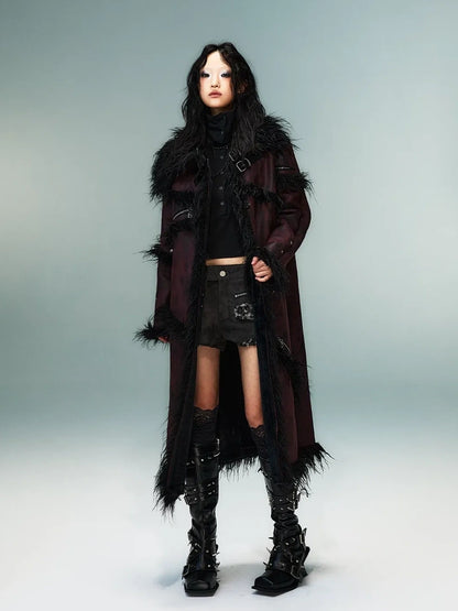 Frustration Garden Punk Rock Long Suede Eco Fur Trim Coat