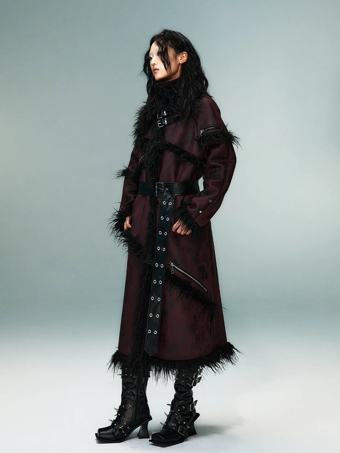 Frustration Garden Punk Rock Long Suede Eco Fur Trim Coat