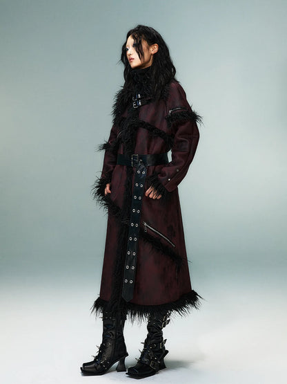 Frustration Garden Punk Rock Long Suede Eco Fur Trim Coat