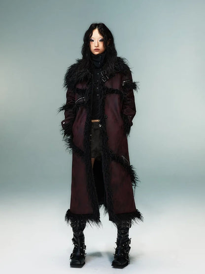 Frustration Garden Punk Rock Long Suede Eco Fur Trim Coat