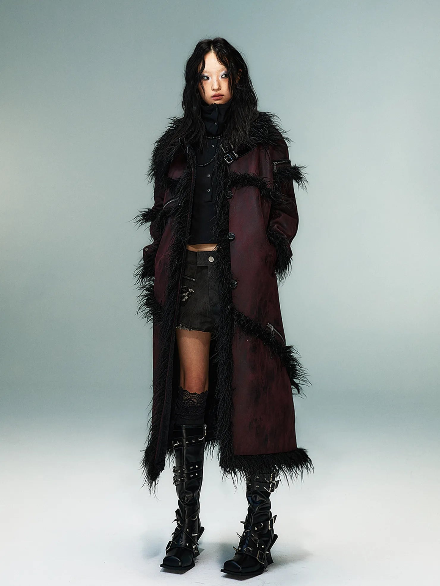 Frustration Garden Punk Rock Long Suede Eco Fur Trim Coat