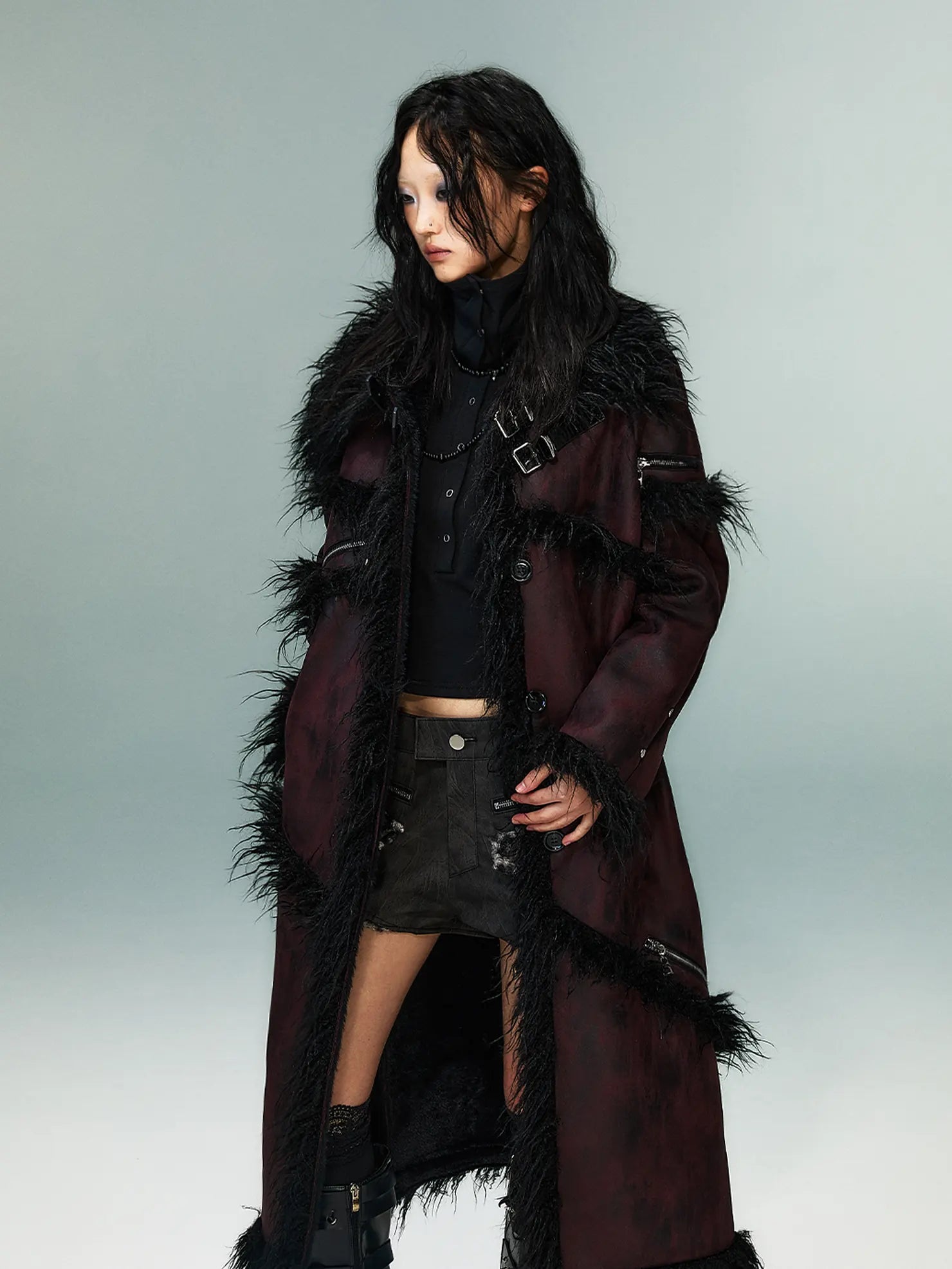 Frustration Garden Punk Rock Long Suede Eco Fur Trim Coat