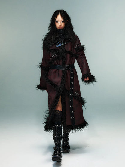 Frustration Garden Punk Rock Long Suede Eco Fur Trim Coat