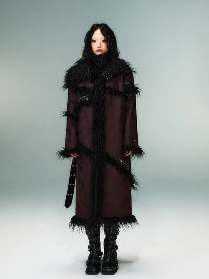 Frustration Garden Punk Rock Long Suede Eco Fur Trim Coat