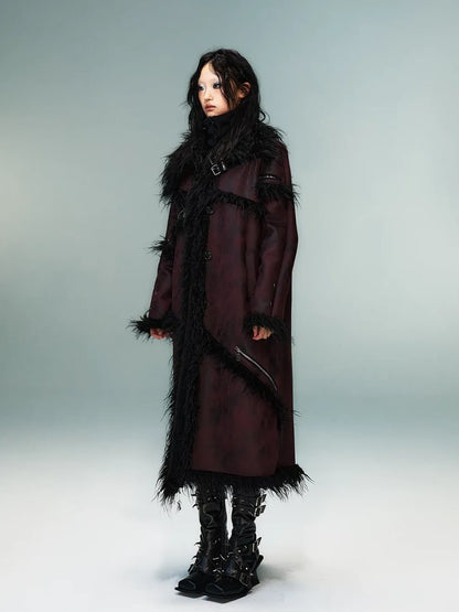 Frustration Garden Punk Rock Long Suede Eco Fur Trim Coat