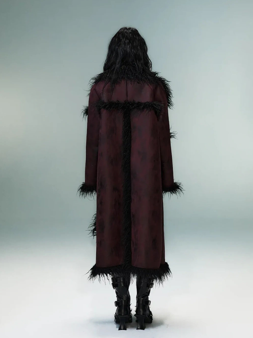 Frustration Garden Punk Rock Long Suede Eco Fur Trim Coat