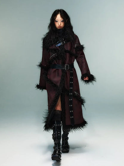 Frustration Garden Punk Rock Long Suede Eco Fur Trim Coat