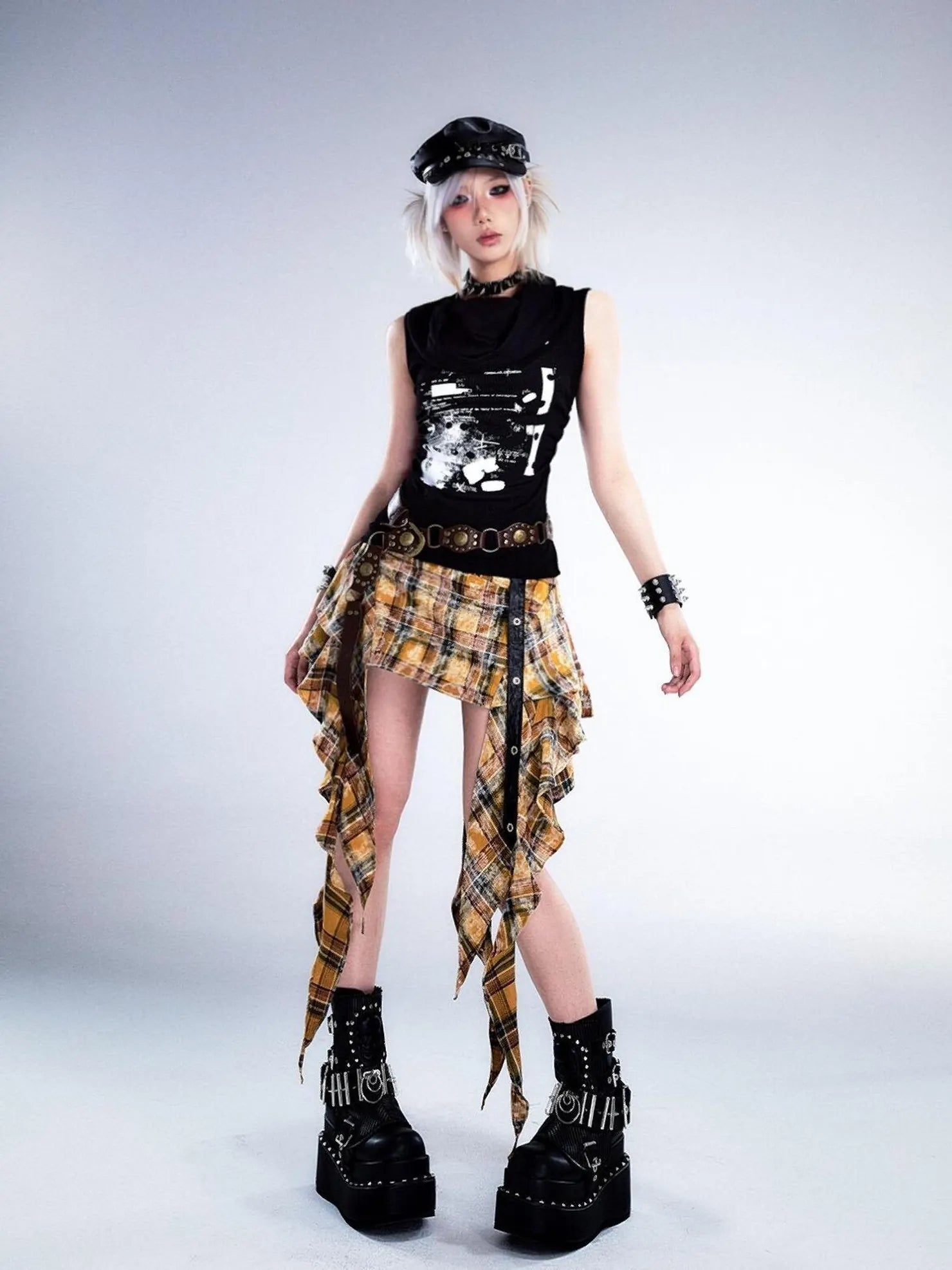 Frustration Garden Punk Rock Plaid Asymmetric Mini Skirt