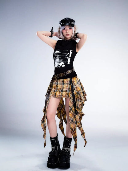 Frustration Garden Punk Rock Plaid Asymmetric Mini Skirt