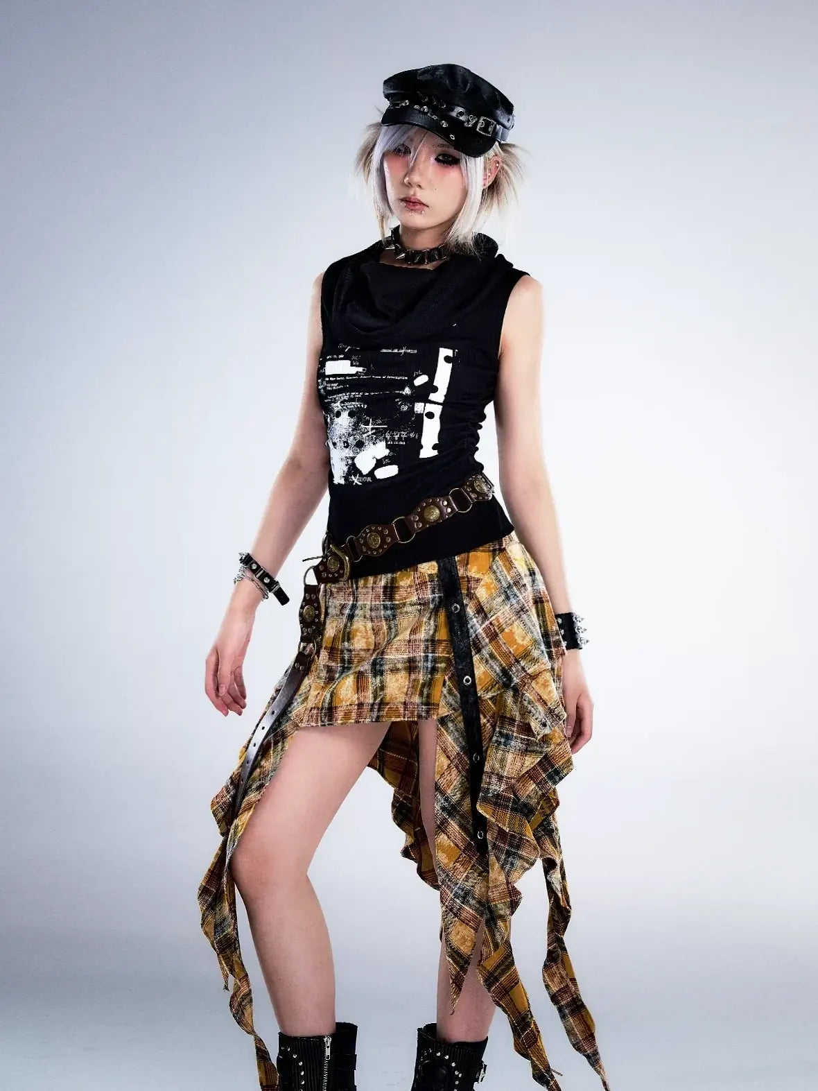 Frustration Garden Punk Rock Plaid Asymmetric Mini Skirt