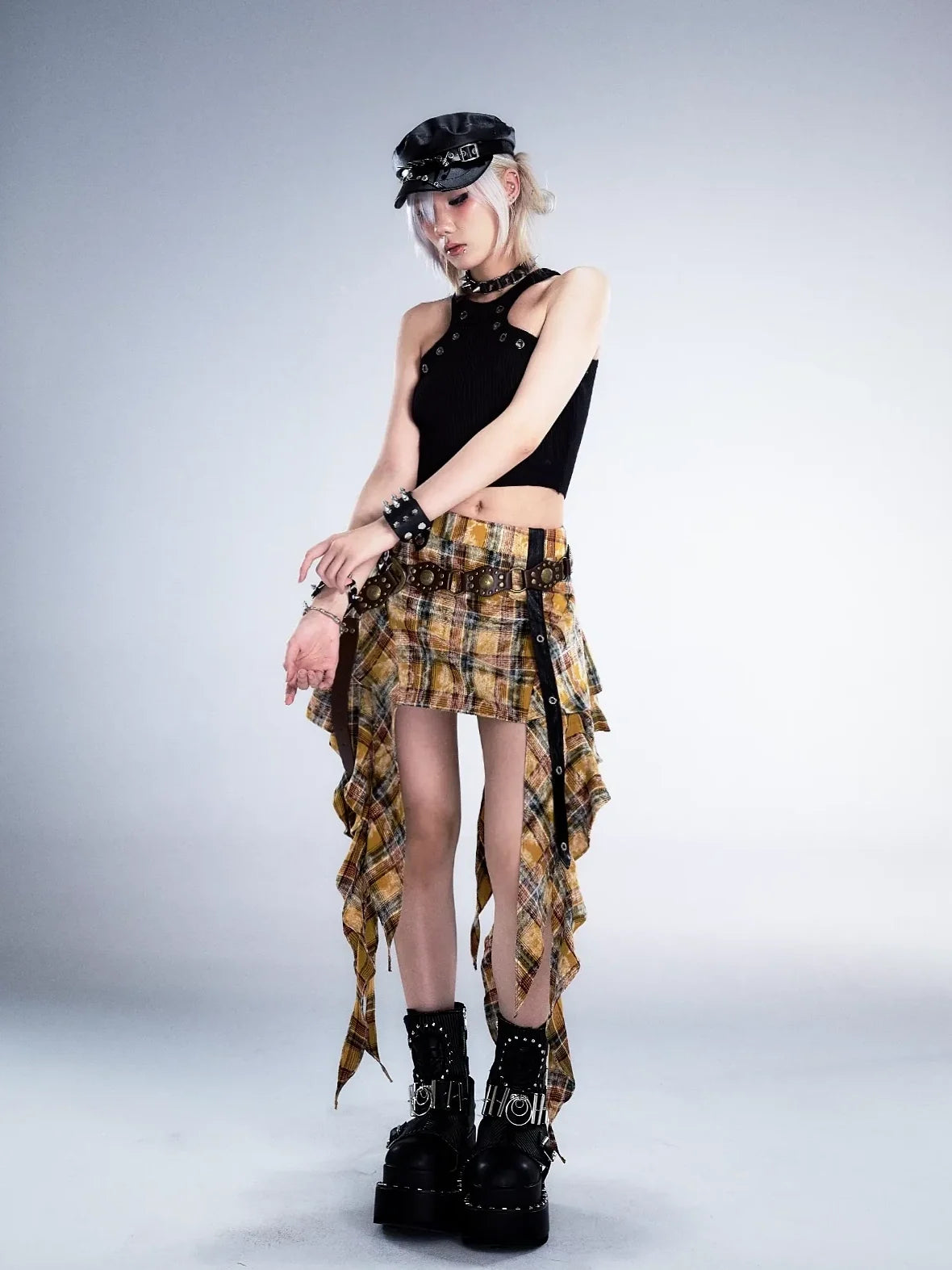 Frustration Garden Punk Rock Plaid Asymmetric Mini Skirt