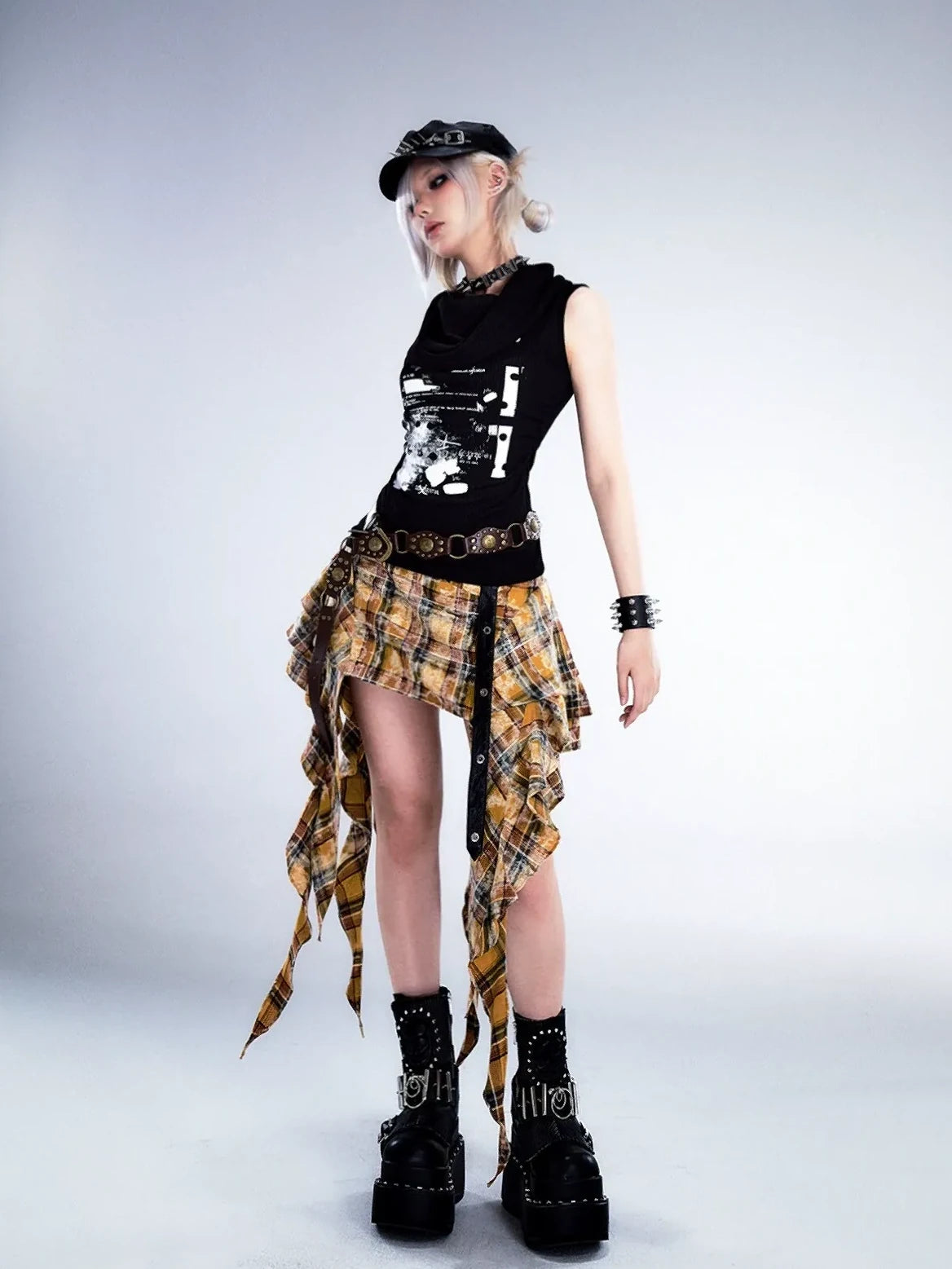 Frustration Garden Punk Rock Plaid Asymmetric Mini Skirt