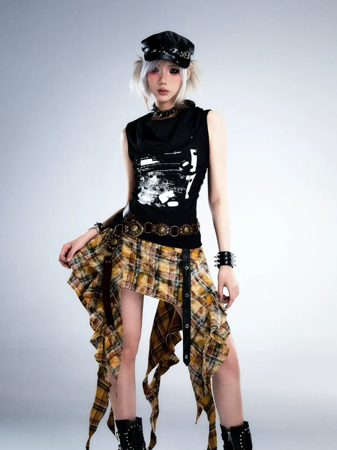 Frustration Garden Punk Rock Plaid Asymmetric Mini Skirt