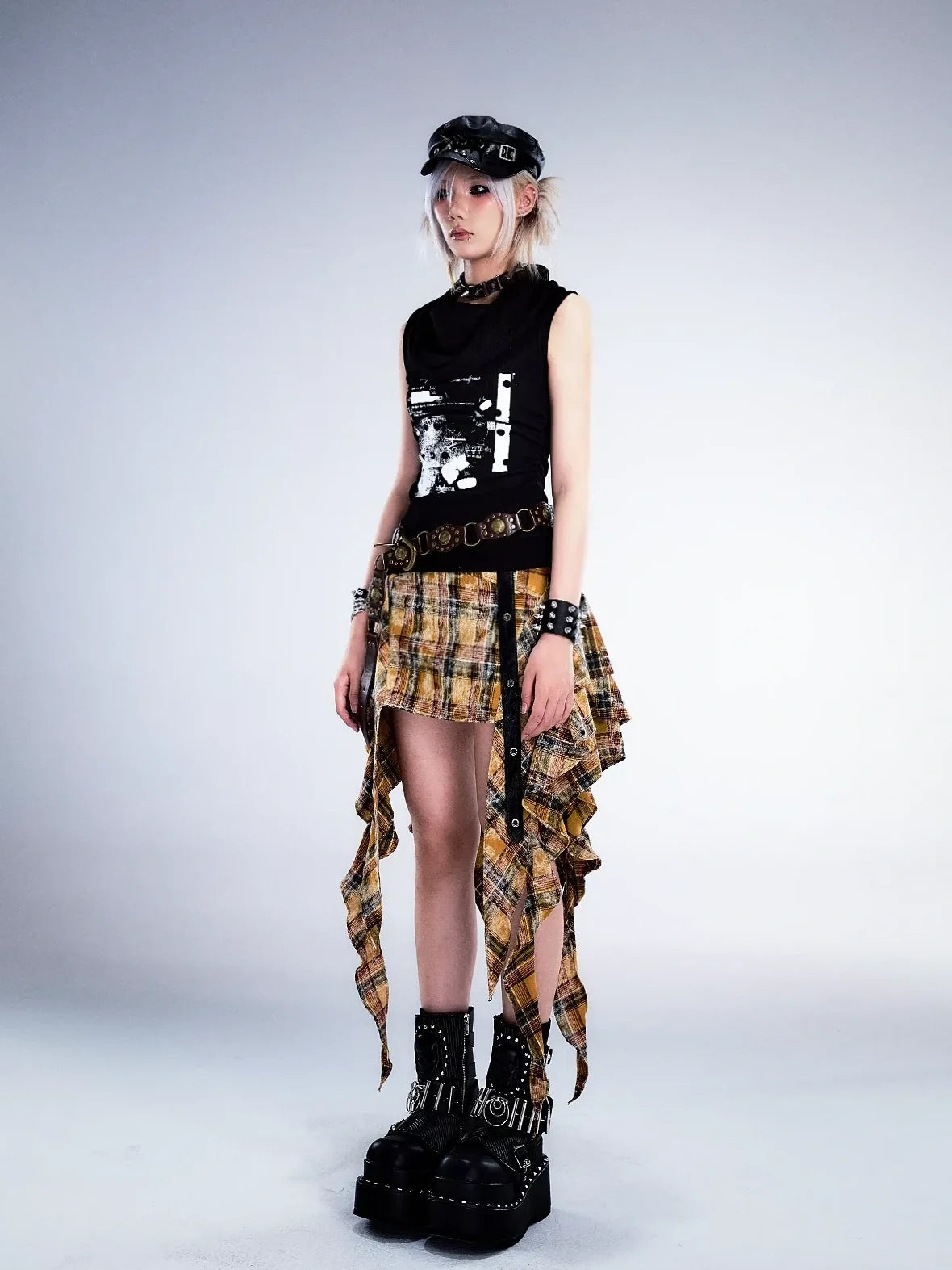 Frustration Garden Punk Rock Plaid Asymmetric Mini Skirt