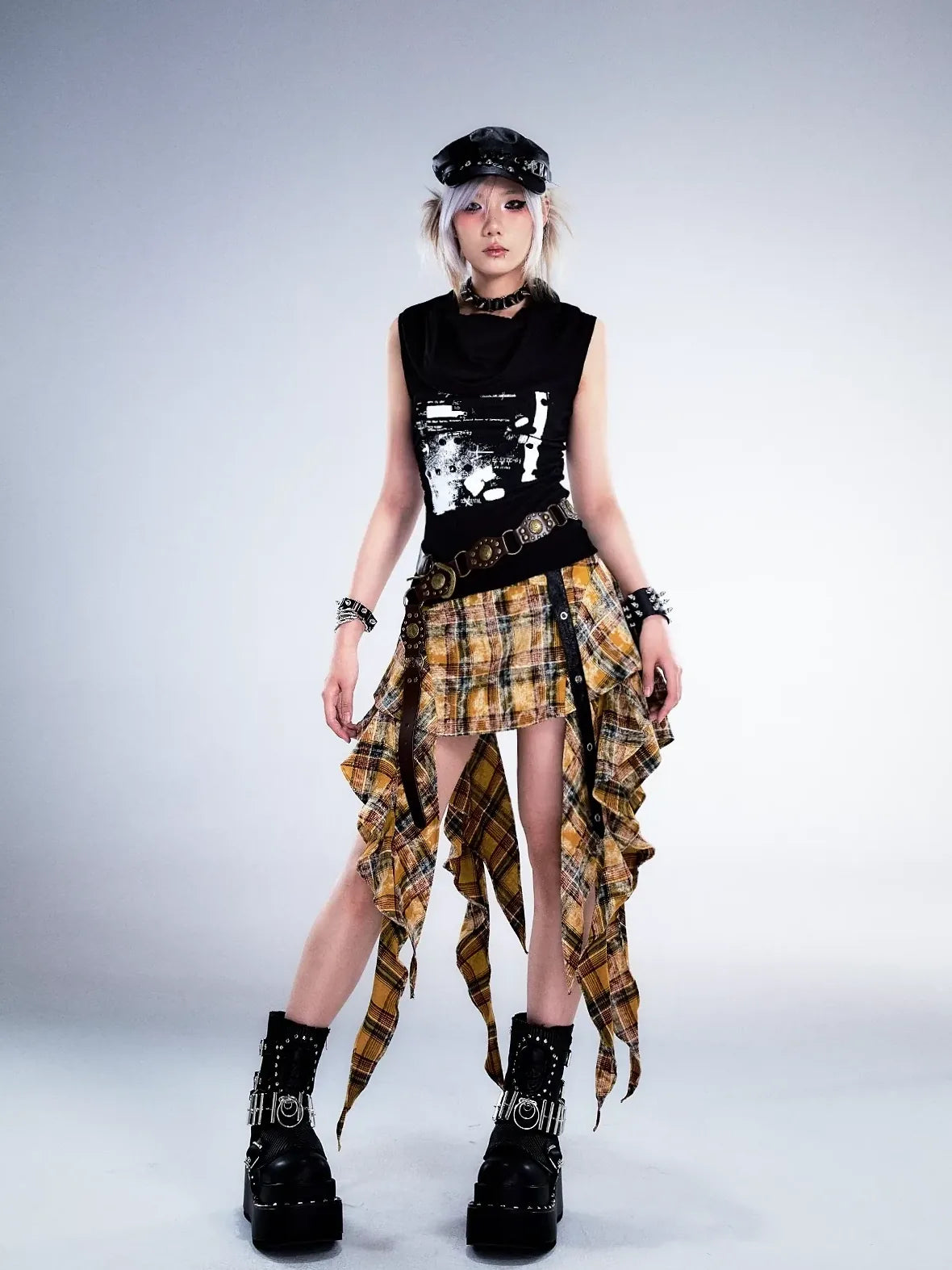 Frustration Garden Punk Rock Plaid Asymmetric Mini Skirt