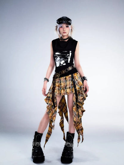 Frustration Garden Punk Rock Plaid Asymmetric Mini Skirt