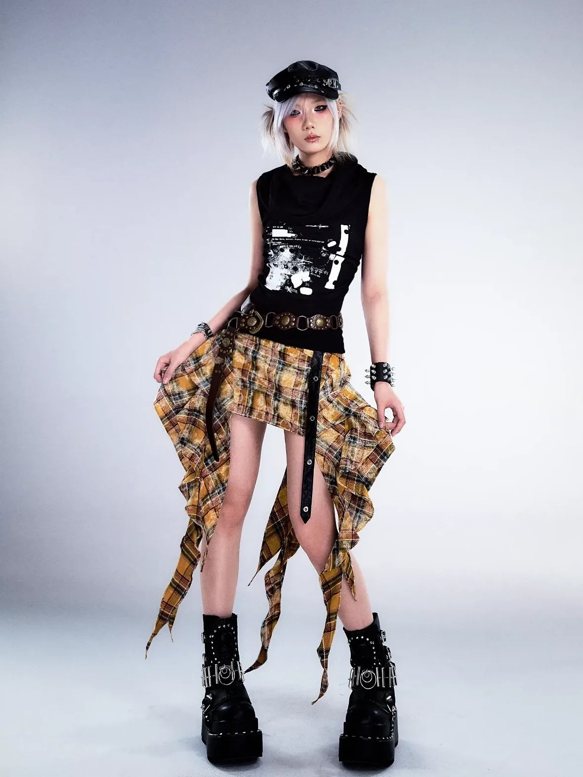 Frustration Garden Punk Rock Plaid Asymmetric Mini Skirt