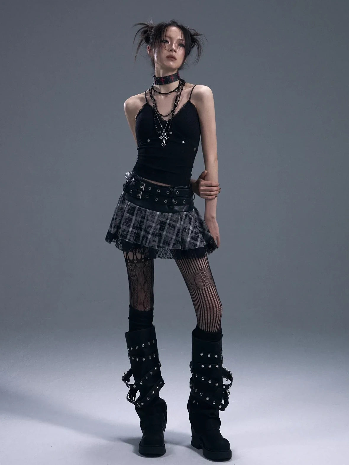 Frustration Garden Punk Rock Plaid Lace Trim Double Belt A Line Skirt