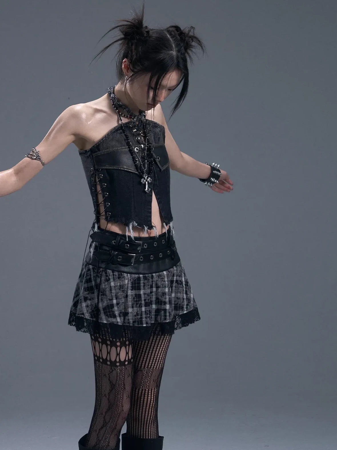 Frustration Garden Punk Rock Plaid Lace Trim Double Belt A Line Skirt