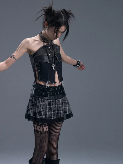 Frustration Garden Punk Rock Plaid Lace Trim Double Belt A Line Skirt