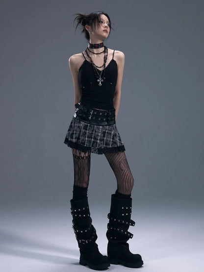 Frustration Garden Punk Rock Plaid Lace Trim Double Belt A Line Skirt