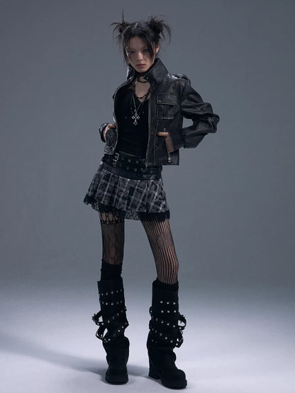 Frustration Garden Punk Rock Plaid Lace Trim Double Belt A Line Skirt