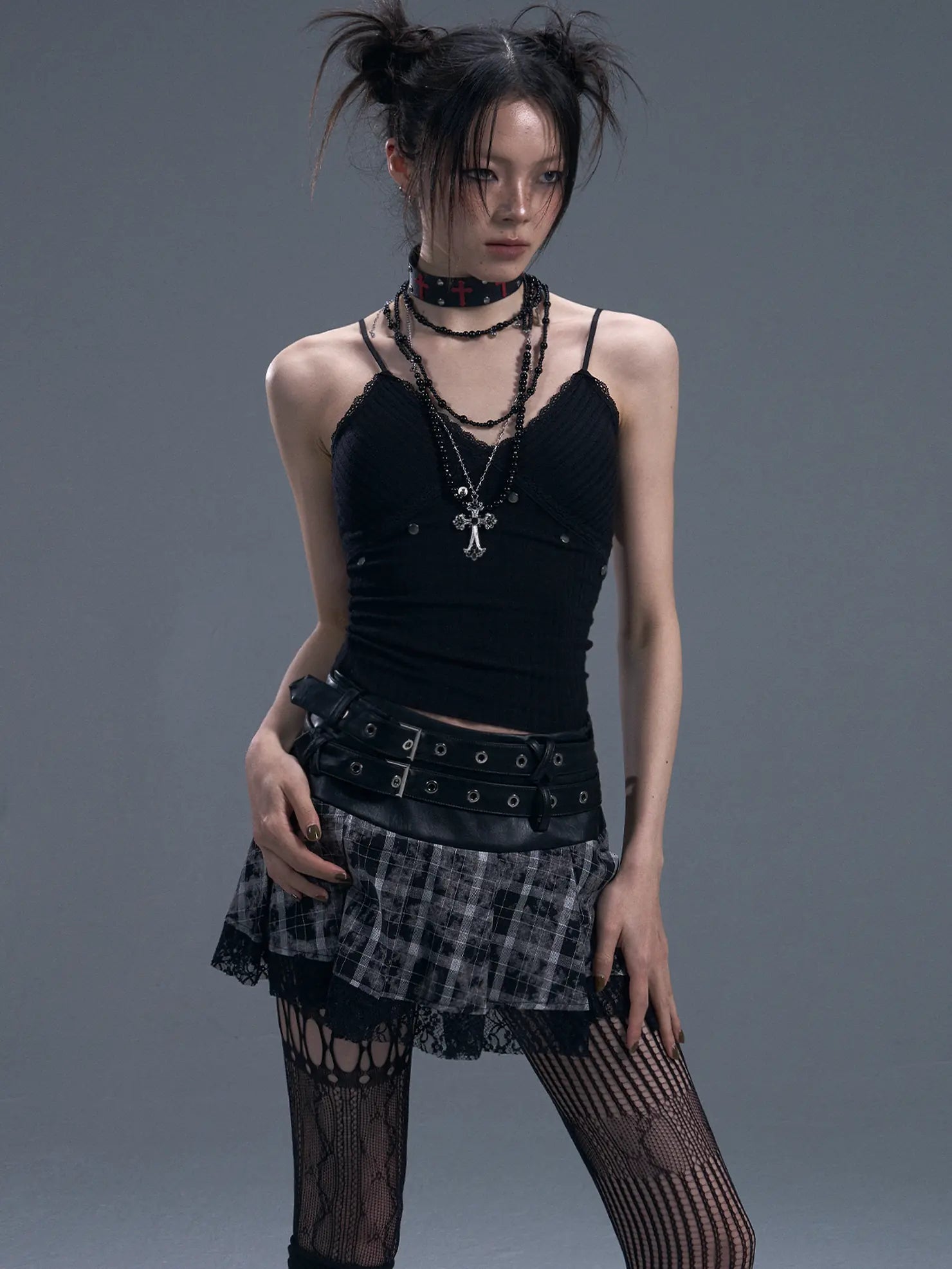 Frustration Garden Punk Rock Plaid Lace Trim Double Belt A Line Skirt