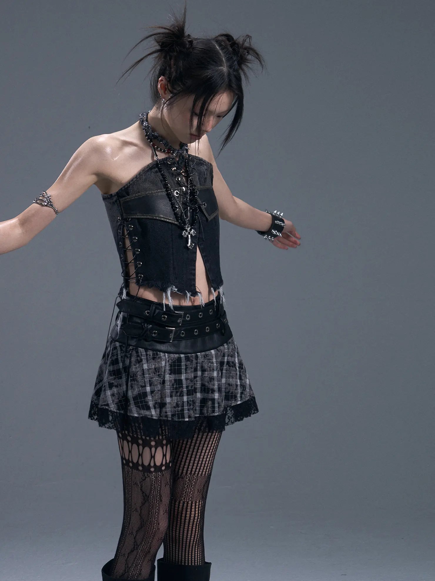 Frustration Garden Punk Rock Plaid Lace Trim Double Belt A Line Skirt