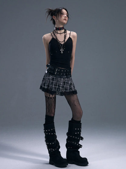 Frustration Garden Punk Rock Plaid Lace Trim Double Belt A Line Skirt