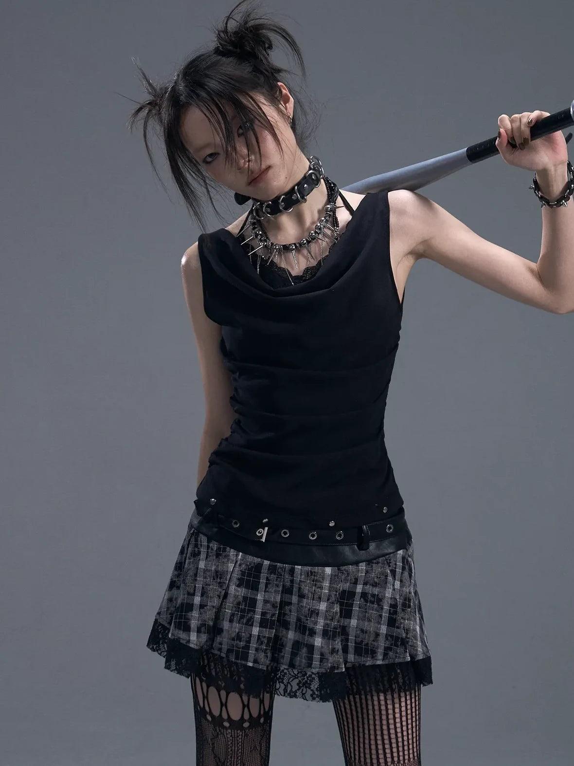 Frustration Garden Punk Rock Plaid Lace Trim Double Belt A Line Skirt