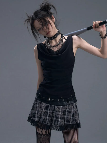 Frustration Garden Punk Rock Plaid Lace Trim Double Belt A Line Skirt