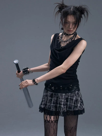 Frustration Garden Punk Rock Plaid Lace Trim Double Belt A Line Skirt