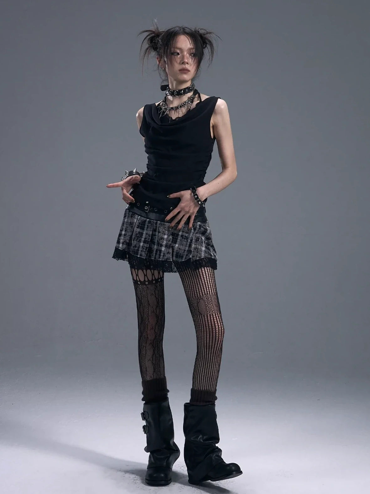 Frustration Garden Punk Rock Plaid Lace Trim Double Belt A Line Skirt