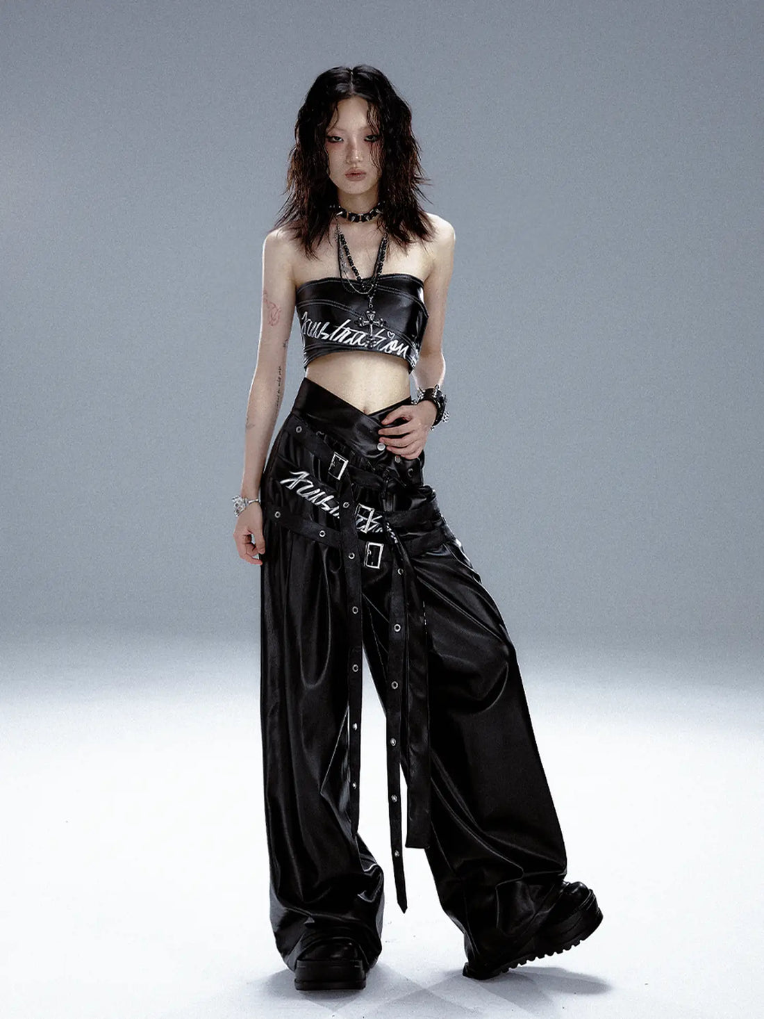 Frustration Garden Punk Rock Print Multi Belt Leather Pants