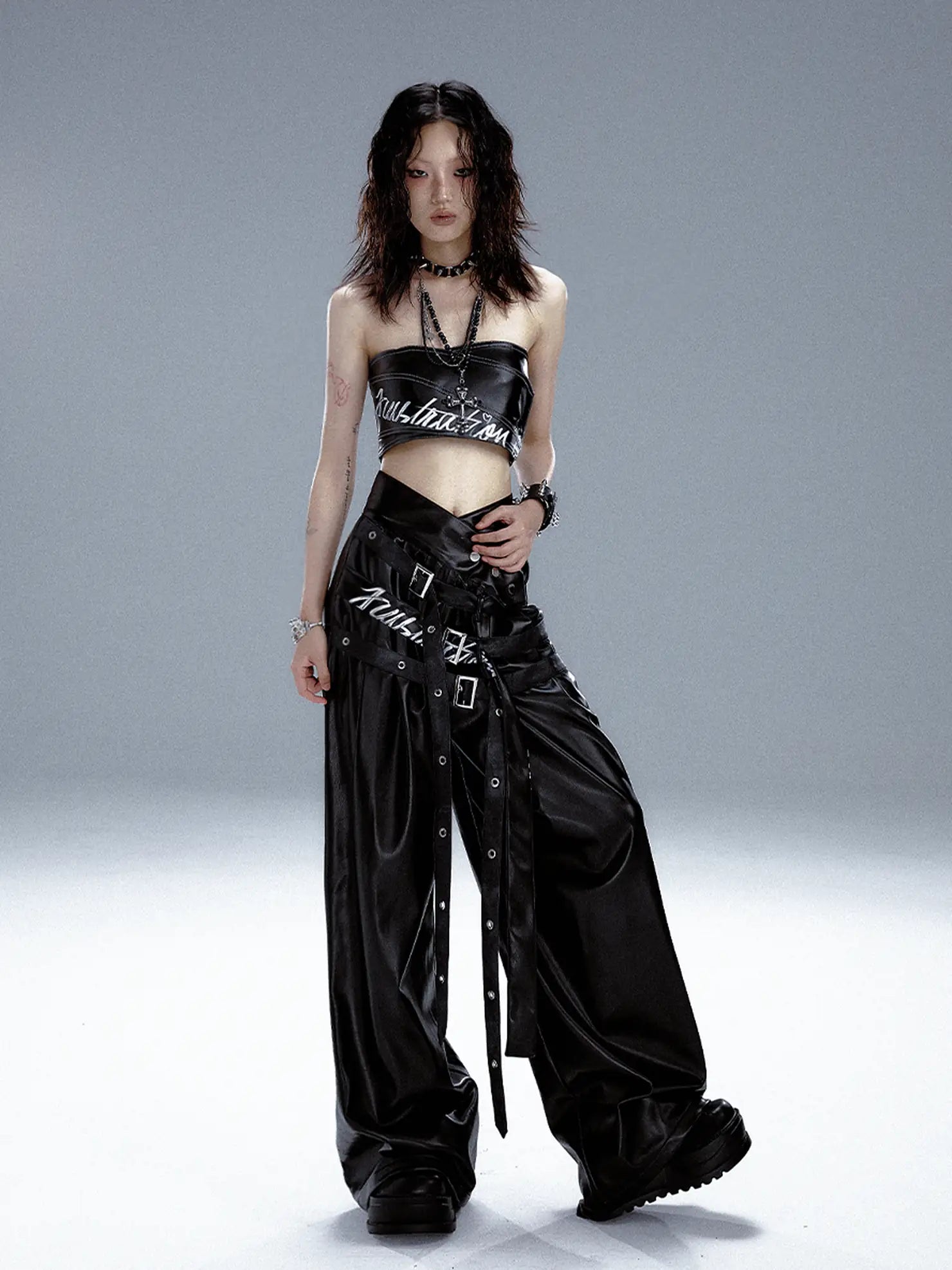 Frustration Garden Punk Rock Print Multi Belt Leather Pants