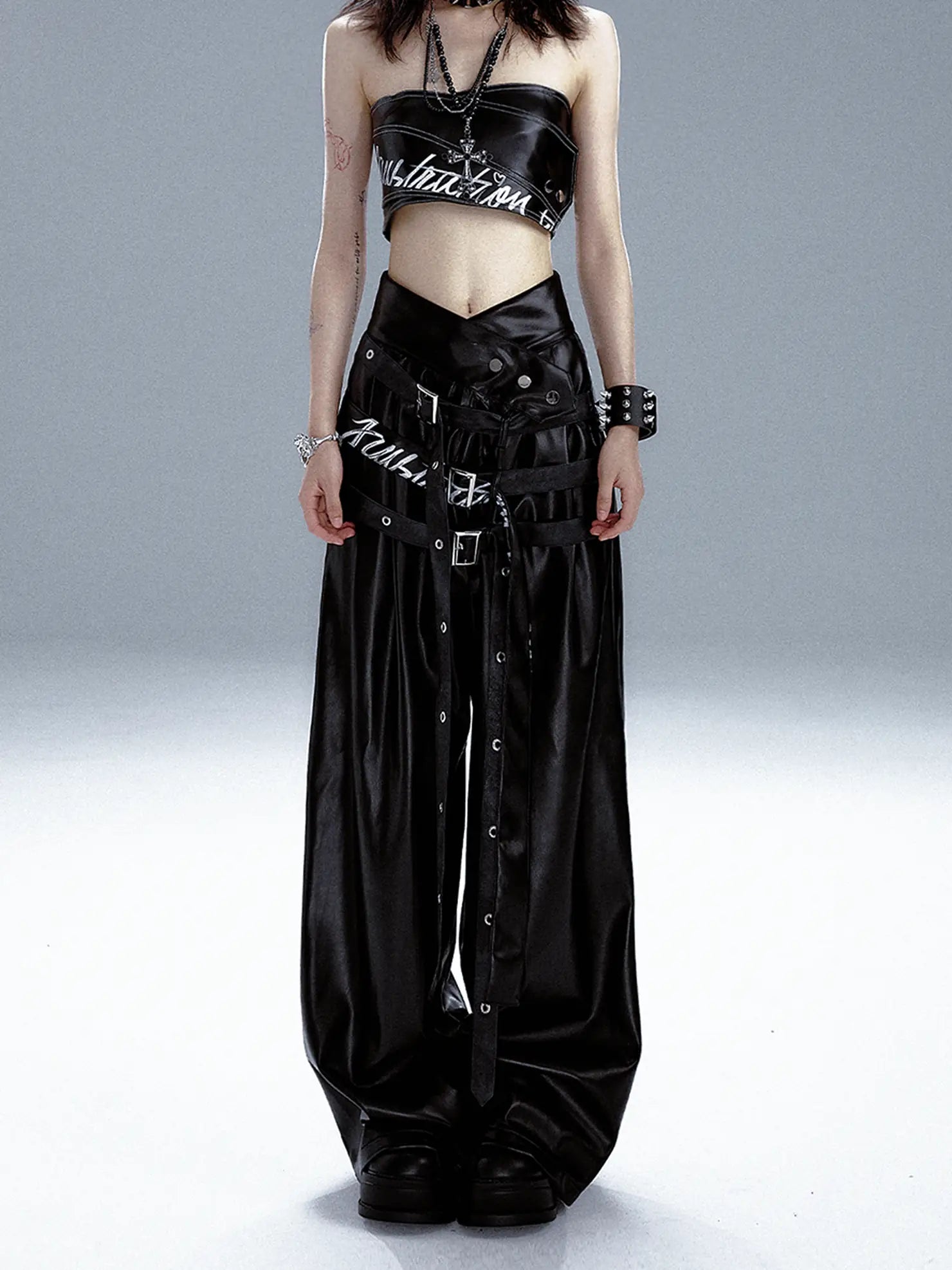 Frustration Garden Punk Rock Print Multi Belt Leather Pants