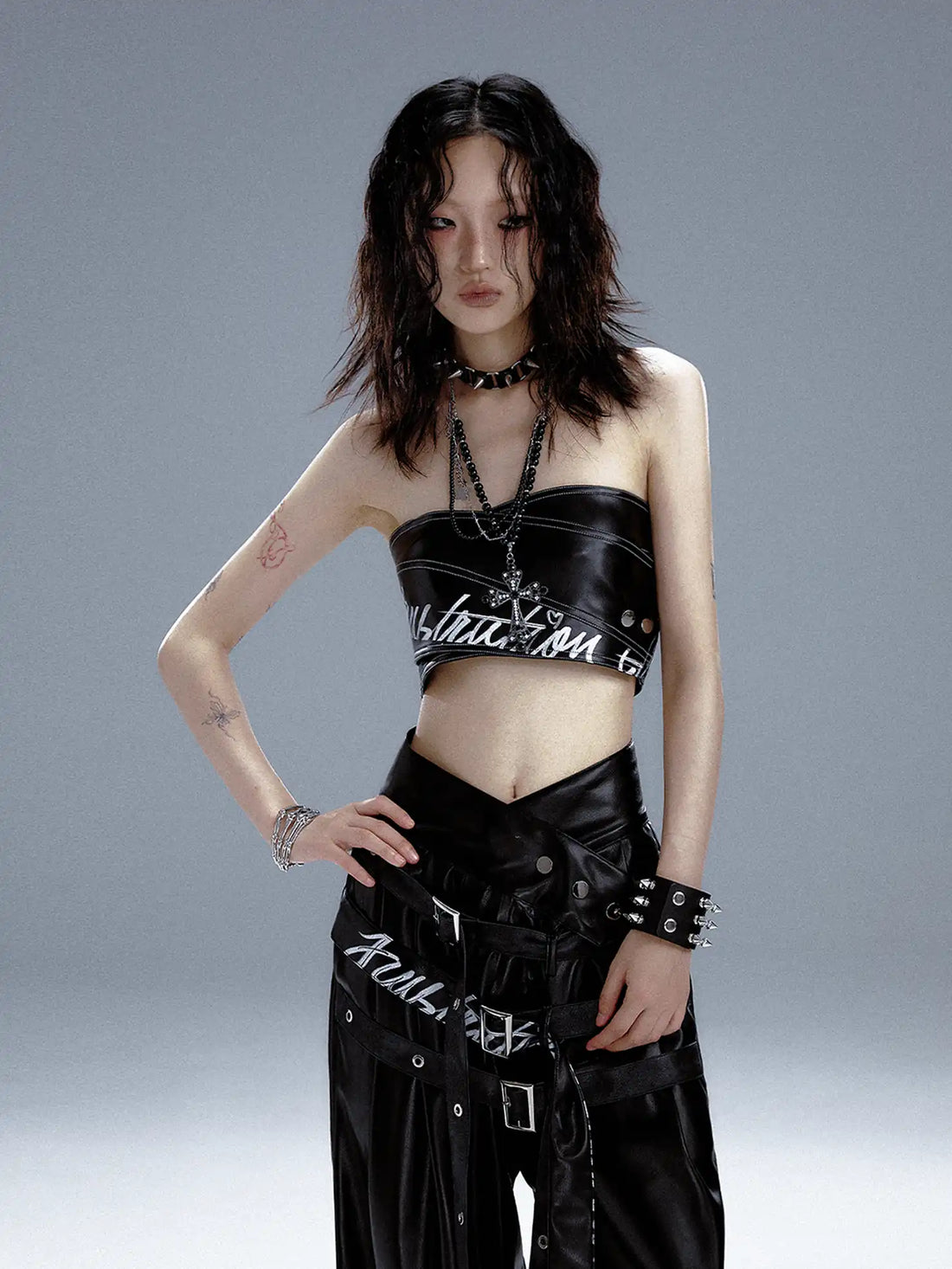 Frustration Garden Punk Rock Print Pu Corsage Top