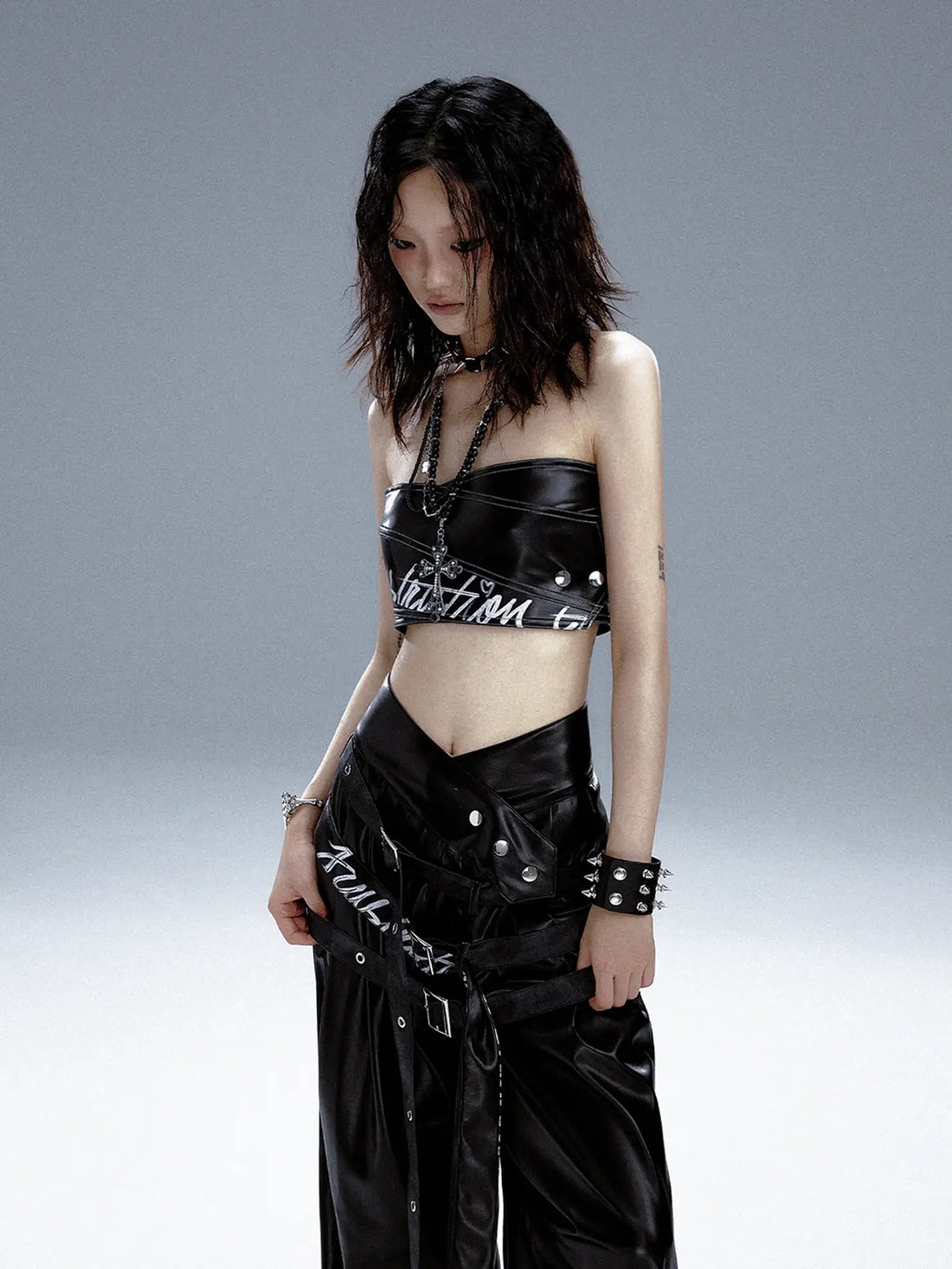 Frustration Garden Punk Rock Print Pu Corsage Top