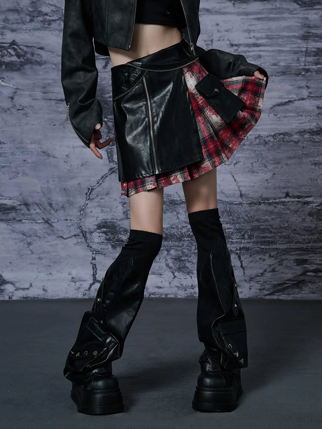 Punk Rock Red Tartan Pleated Pu Mini Skirt