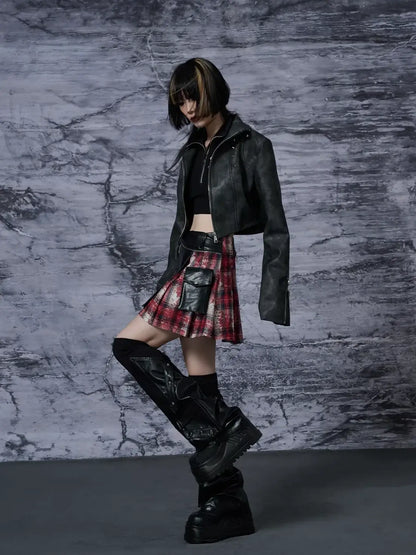 Punk Rock Red Tartan Pleated Pu Mini Skirt