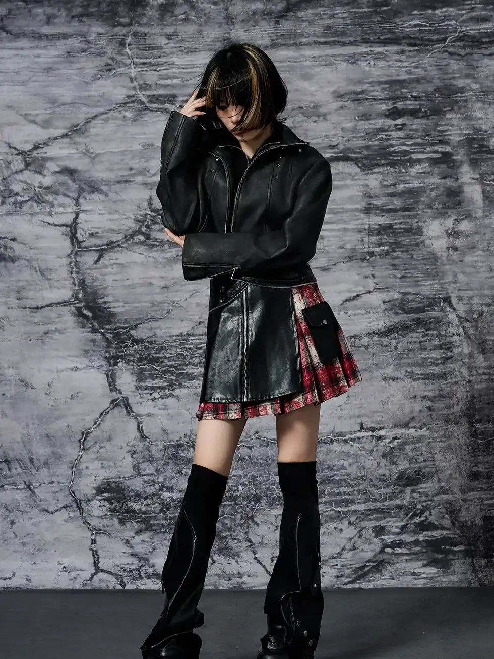 Punk Rock Red Tartan Pleated Pu Mini Skirt