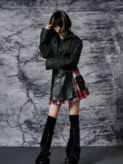 Punk Rock Red Tartan Pleated Pu Mini Skirt