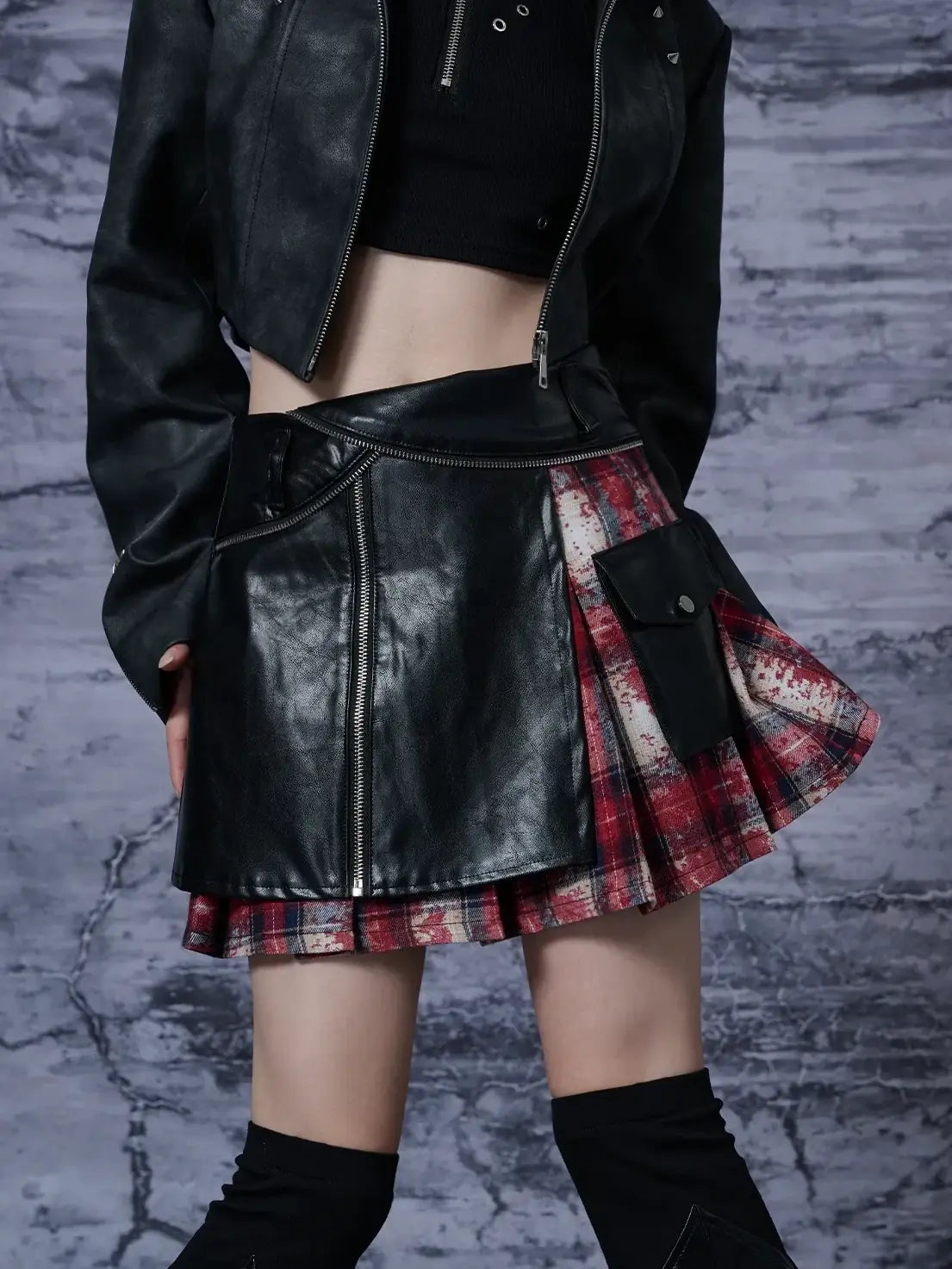Punk Rock Red Tartan Pleated Pu Mini Skirt
