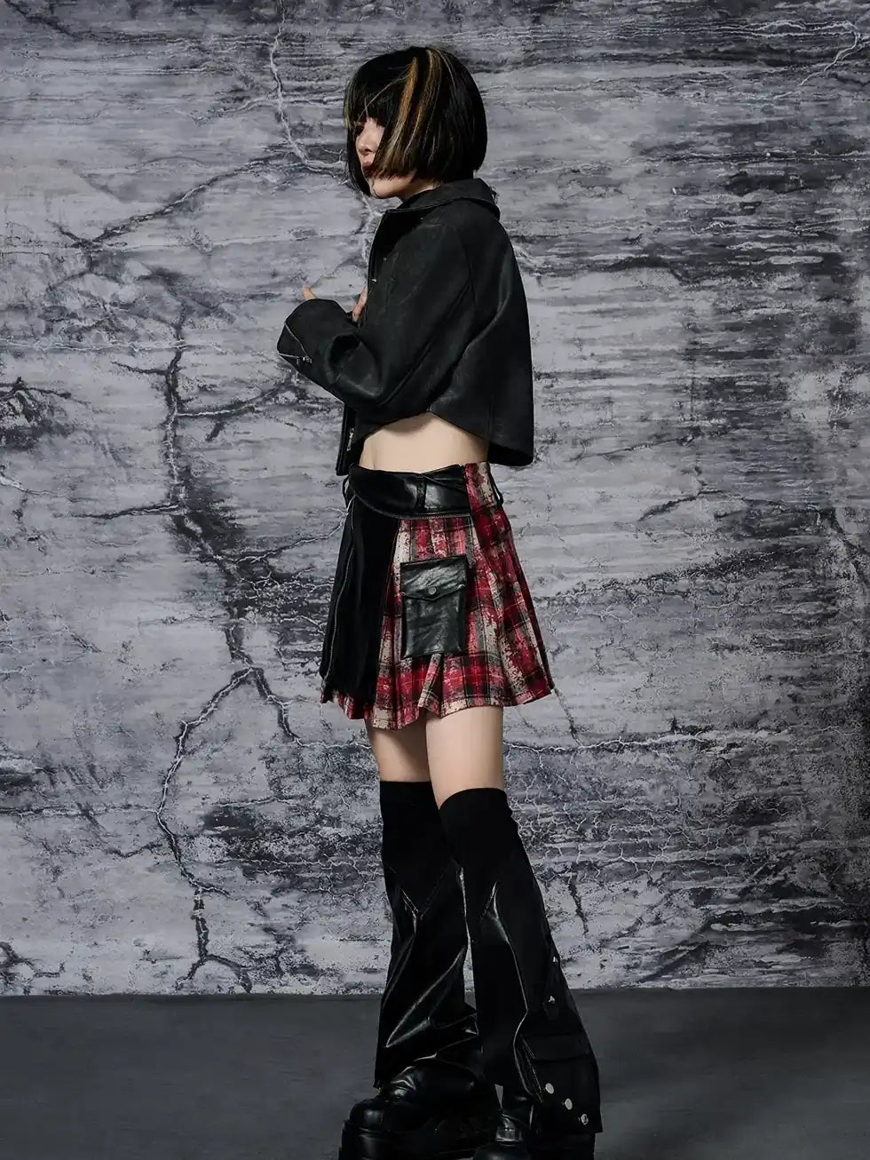 Punk Rock Red Tartan Pleated Pu Mini Skirt