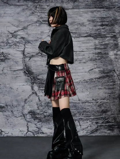 Punk Rock Red Tartan Pleated Pu Mini Skirt