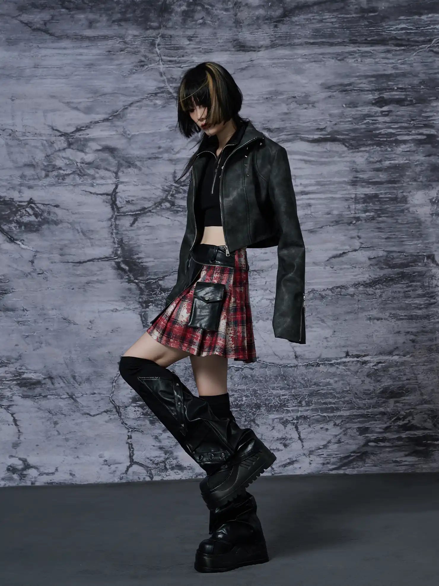 Punk Rock Red Tartan Pleated Pu Mini Skirt